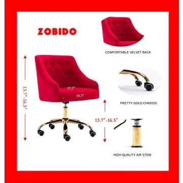 ZOBIDO Comfy Home Office Task Chair with Wheels, Cute Modern Upholstered Velvet Seashell Back Adjustable Swivel Vanity Desk Chair, for Women, for Kids, for Girls, Living Room, Bedroom, (Red)