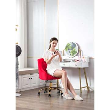 ZOBIDO Comfy Home Office Task Chair with Wheels, Cute Modern Upholstered Velvet Seashell Back Adjustable Swivel Vanity Desk Chair, for Women, for Kids, for Girls, Living Room, Bedroom, (Red)