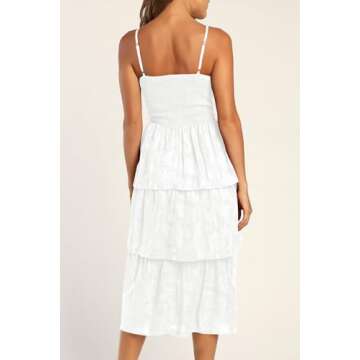Ferlema Womens Casual Sleeveless Midi Dress Boho Lace Floral Square Neck Ruffle Tiered Wedding Guest Dresses White Large