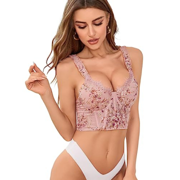 Floerns Women's Floral Embroidery Contrast Lace Trim Bustier Corset Cami Crop Tank Top in Pink Multi...