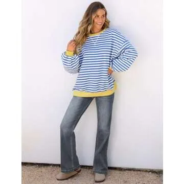 UEU Womens Oversized Long Sleeve Crewneck Sweatshirts Comfy Lightweight Pullover Sweatshirt Blue Striped Large