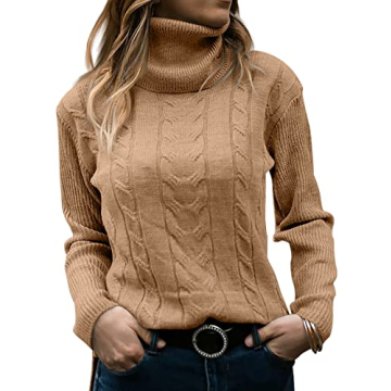 Stylish Women's Long Sleeve Cable Knit Turtleneck Sweater in Apricot