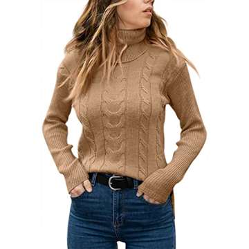 Trendy Women's Apricot Cable Knit Turtleneck Sweater
