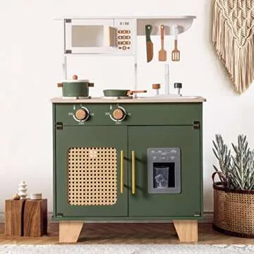 ROBUD Kids Kitchen Playset, Vintage Wooden Play Kitchen with Ice Dispenser, Pretend Toddlers Kitchen Toy with Accessories, Baby Gift for Ages 3 4 5 6 7 8