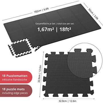 Gym Flooring Set - Interlocking EVA Soft Foam Floor Mat, 18 Pieces Puzzle Rubber Tiles Protective Gr...