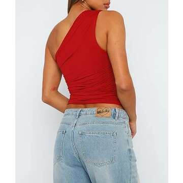 Cioatin Women Sleeveless One Shoulder Crop Tank Tops Ruched Tight Slim Fitted Workout Y2K Going Out Top Trendy 2023 Cami Red