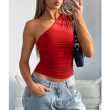 Cioatin Women Sleeveless One Shoulder Crop Tank Tops Ruched Tight Slim Fitted Workout Y2K Going Out Top Trendy 2023 Cami Red