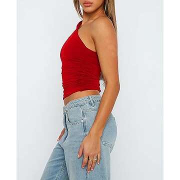 Cioatin Women Sleeveless One Shoulder Crop Tank Tops Ruched Tight Slim Fitted Workout Y2K Going Out Top Trendy 2023 Cami Red