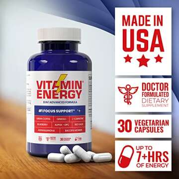 Vitamin Energy Focus+ Energy Capsules, Up to 7+ Hours of Energy, 30 Capsules, 1 Pack
