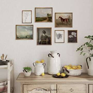 Vintage Modern Farmhouse Wall Decor - Neutral Wall Art for Boho French Country - Bathroom Picture Bedroom Print - Aesthetic Flower Sketch Horse Poster - Green Cottagecore Room Decor - Gallery Set 7