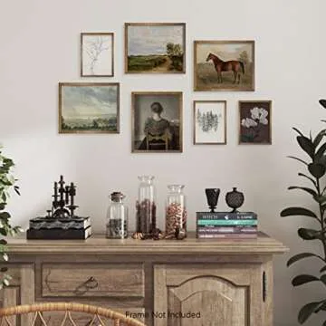 Vintage Modern Farmhouse Wall Decor - Neutral Wall Art for Boho French Country - Bathroom Picture Bedroom Print - Aesthetic Flower Sketch Horse Poster - Green Cottagecore Room Decor - Gallery Set 7