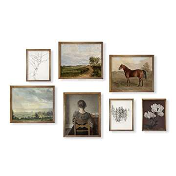 Vintage Modern Farmhouse Wall Decor - Neutral Wall Art for Boho French Country - Bathroom Picture Bedroom Print - Aesthetic Flower Sketch Horse Poster - Green Cottagecore Room Decor - Gallery Set 7