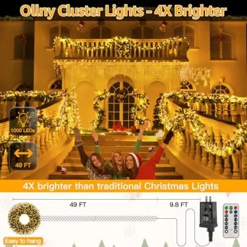Ollny Cluster Christmas Lights 1000LED 49FT Remote Waterproof