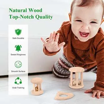 WODI 4 Piece Wooden Baby Rattle Toy Montessori Teething Ring Log Geometric Grab Toy Set Natural Wood Rattle Set for Infants and Toddlers