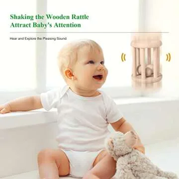 WODI 4 Piece Wooden Baby Rattle Toy Montessori Teething Ring Log Geometric Grab Toy Set Natural Wood Rattle Set for Infants and Toddlers