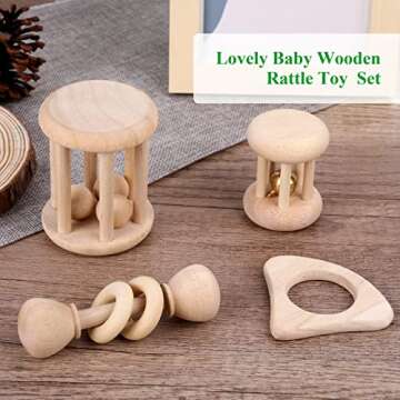 WODI 4 Piece Wooden Baby Rattle Toy Montessori Teething Ring Log Geometric Grab Toy Set Natural Wood Rattle Set for Infants and Toddlers