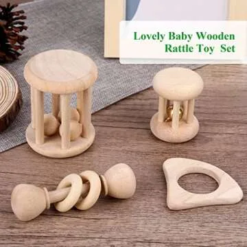 WODI 4 Piece Wooden Baby Rattle Toy Montessori Teething Ring Log Geometric Grab Toy Set Natural Wood Rattle Set for Infants and Toddlers
