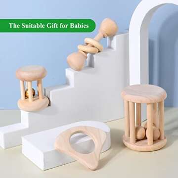 WODI 4 Piece Wooden Baby Rattle Toy Montessori Teething Ring Log Geometric Grab Toy Set Natural Wood Rattle Set for Infants and Toddlers