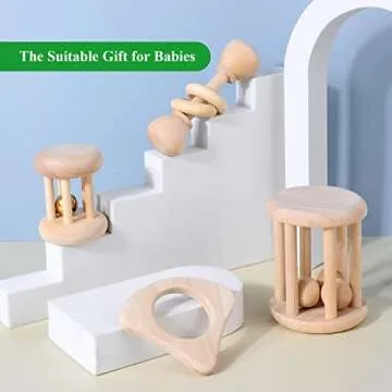 WODI 4 Piece Wooden Baby Rattle Toy Montessori Teething Ring Log Geometric Grab Toy Set Natural Wood Rattle Set for Infants and Toddlers