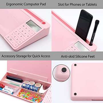 TOWON Desk Dry Erase Board with Detachable Calculator, Small Glass Desktop Whiteboard, Desktop whiteboard - Glass Dry Erase White Board- Desk Computer Buddy for Home Office Supply, Pink, 17 x 6 in