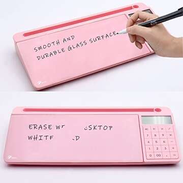 TOWON Desk Dry Erase Board with Detachable Calculator, Small Glass Desktop Whiteboard, Desktop whiteboard - Glass Dry Erase White Board- Desk Computer Buddy for Home Office Supply, Pink, 17 x 6 in