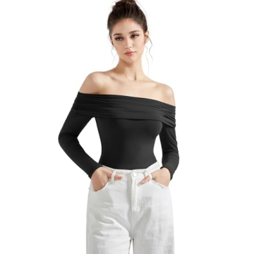 SUUKSESS Women Off Shoulder Bodysuit Double Lined Going Out Basic Tops Long Sleeve Thong Body suit S...