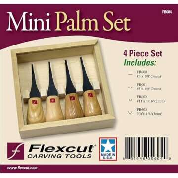 FLEXCUT Carving Tools, Mini Palm Gouges for Detailed Carving, Ash Hardwood Handles and Carbon Steel Blades, Set of 4 (FR604)