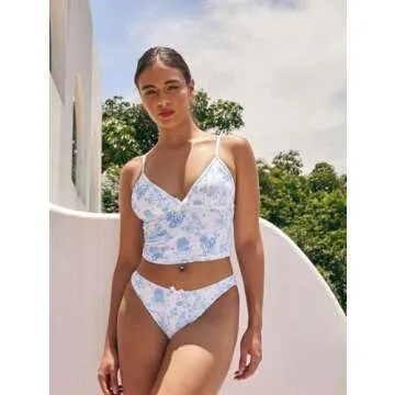 seamoly Floral Print Bowknot Decor Tankini Set, Light Blue, S