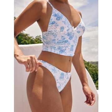seamoly Floral Print Bowknot Decor Tankini Set, Light Blue, S