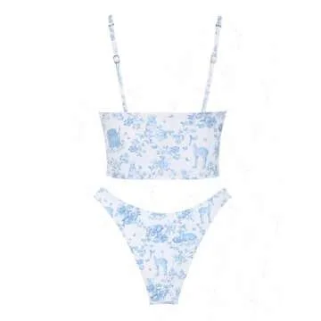 seamoly Floral Print Bowknot Decor Tankini Set, Light Blue, S