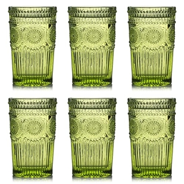 Vintage Green Embossed Glass Tumbler Set - 6 Pack 12 oz Elegant Drinking Glasses