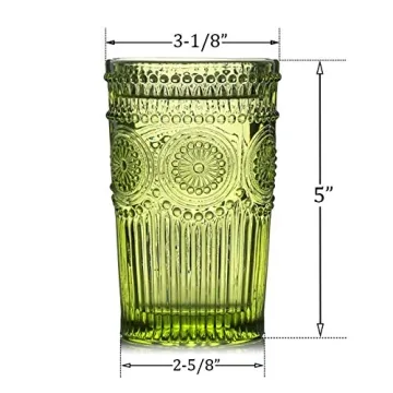 Vintage Green Embossed Glass Tumbler Set 6 Pack 12 oz