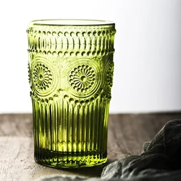 Vintage Green Embossed Glass Tumbler Set 6 Pack 12 oz
