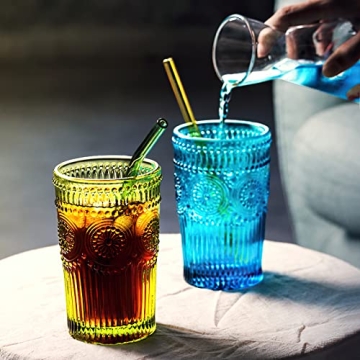 Vintage Green Embossed Glass Tumbler Set 6 Pack 12 oz