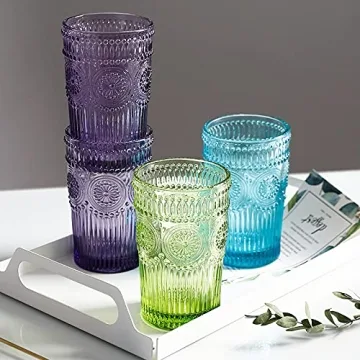 Vintage Green Embossed Glass Tumbler Set 6 Pack 12 oz