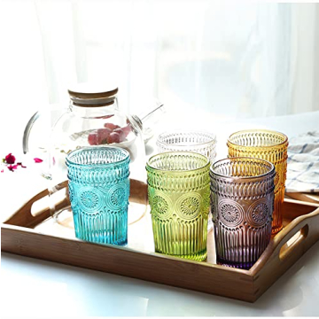 Vintage Green Embossed Glass Tumbler Set 6 Pack 12 oz