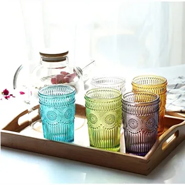 Vintage Green Embossed Glass Tumbler Set 6 Pack 12 oz