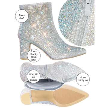 Women Rhinestone Block Chunky Heel Ankle Bootie Iceberg 12 By Forever shoes Silver 8