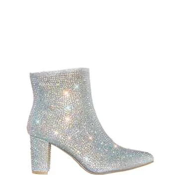 Women Rhinestone Block Chunky Heel Ankle Bootie Iceberg 12 By Forever shoes Silver 8