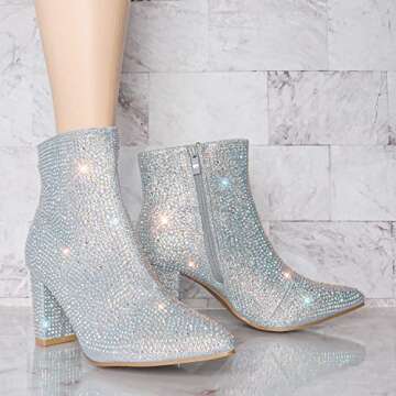 Women Rhinestone Block Chunky Heel Ankle Bootie Iceberg 12 By Forever shoes Silver 8