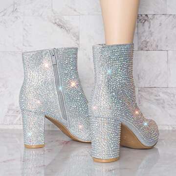 Women Rhinestone Block Chunky Heel Ankle Bootie Iceberg 12 By Forever shoes Silver 8