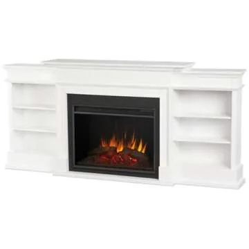 Bowery Hill 92" W Modern Wood Electric Fireplace TV Stand with Mantel & Remote Control, 6-Feet Power Cord and Hardware, 5 Flame Brightness Levels, for TVs up to 85", in White & Black Finish