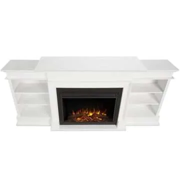 Bowery Hill 92" W Modern Wood Electric Fireplace TV Stand with Mantel & Remote Control, 6-Feet Power Cord and Hardware, 5 Flame Brightness Levels, for TVs up to 85", in White & Black Finish