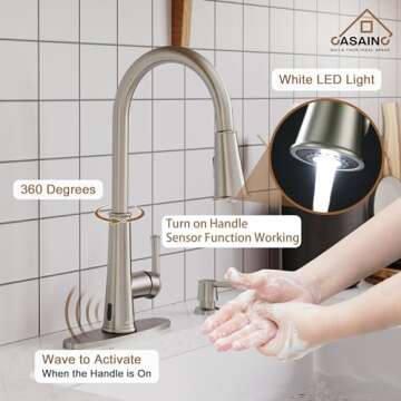 CASAINC Kitchen Faucet with Pull Down Sprayer Brushed Nickel with LED Function, 17.31in H Touchless ...
