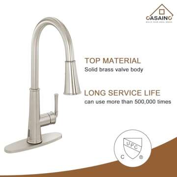 CASAINC Kitchen Faucet with Pull Down Sprayer Brushed Nickel with LED Function, 17.31in H Touchless 1.8 gpm Single Handle Kitchen Sink Faucet, Lead-Free Copper for Bar Laundry Kitchen Sink