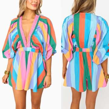 LouVasabuce Women Summer Casual Short Tee Romper Deep V Neck Oversized Jumpsuit