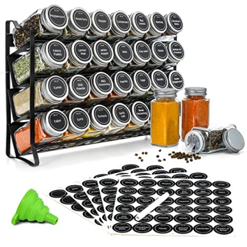 VITEVER Spice Rack with 28 Spice Jars, Organizer for Cabinet, Spice Jars with Labels, Chalk Marker and Funnel, 4 Tier, Countertop, Pantry, Cupboard, Door or Wall Mount, Black