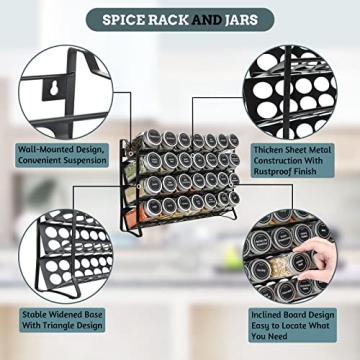 VITEVER Spice Rack with 28 Spice Jars, Organizer for Cabinet, Spice Jars with Labels, Chalk Marker and Funnel, 4 Tier, Countertop, Pantry, Cupboard, Door or Wall Mount, Black