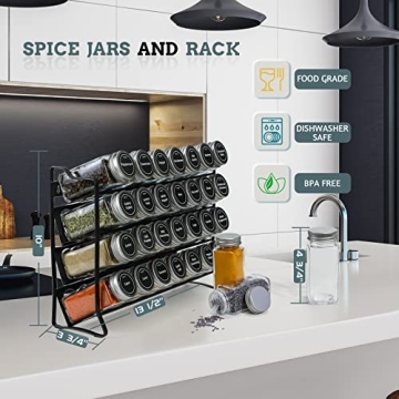 VITEVER Spice Rack with 28 Spice Jars, Organizer for Cabinet, Spice Jars with Labels, Chalk Marker and Funnel, 4 Tier, Countertop, Pantry, Cupboard, Door or Wall Mount, Black