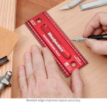 Woodpeckers Woodworking Rule, 12 Inch, L2R & Center Laser Engraved Scales, USA Made Precision Aluminum Woodworking Ruler with Beveled Edges